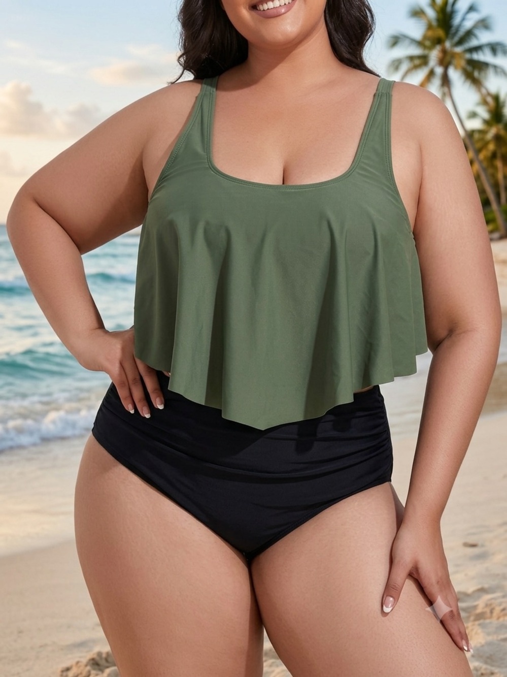 Plus Size Olive Green Flounce Tankini Top with Black High Waist Bikini Bottoms
